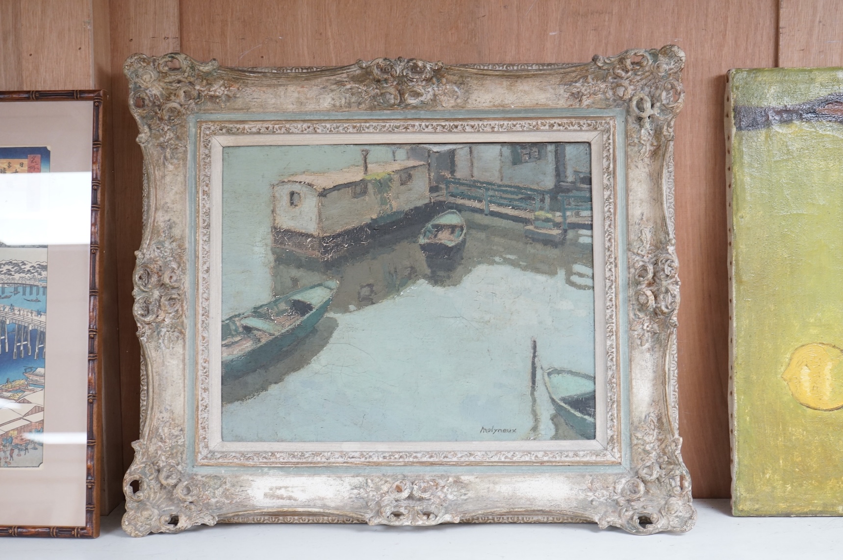 Edward Molyneux (1891-1974), oil on canvas, ‘Laundry boats on the Seine’, signed, 32 x 40cm, ornately framed